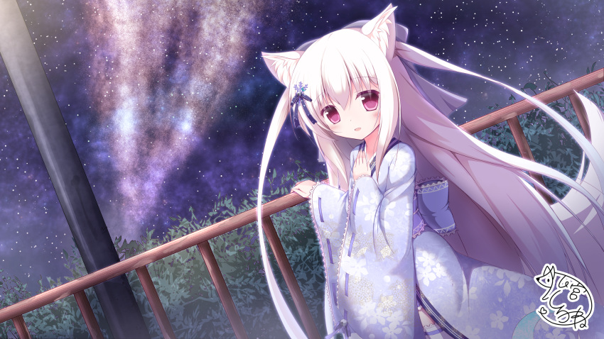 :d animal_ears bell blush bow floral_print fox_ears fox_girl fox_tail hair_bell hair_bow hair_ornament hand_up highres japanese_clothes jingle_bell kimono komiya_shirone lips long_hair long_sleeves md5_mismatch night night_sky open_mouth original outdoors print_kimono purple_bow purple_kimono railing red_eyes ribbon-trimmed_sleeves ribbon_trim signature silver_hair sky sleeves_past_wrists smile snowflake_hair_ornament solo star_(sky) starry_sky tail thighhighs two_side_up very_long_hair white_legwear wide_sleeves