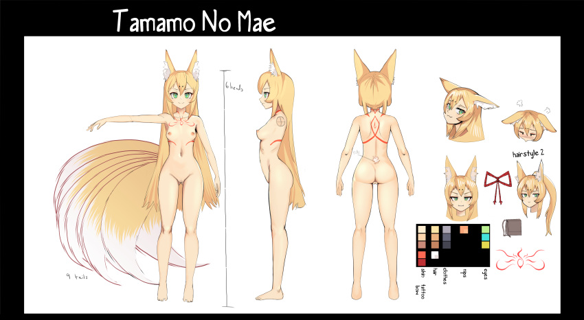 1girl :3 absurdres alternate_hairstyle animal_ear_fluff animal_ears ass back back_tattoo backpack bag barefoot black_border blonde_hair blush border breasts brown_bag censored character_name chest_tattoo closed_mouth color_guide commentary commission completely_nude ears_down english_commentary english_text expressions eyeliner fangs fox_ears fox_girl fox_tail from_side full_body green_eyes hair_between_eyes hair_ribbon height highres jeffodraws kitsune kyuubi long_hair looking_at_viewer makeup medium_breasts mon-musu_quest! monster_girl mosaic_censoring multiple_tails multiple_views navel nipples nude outstretched_arm ponytail puff_of_air pussy red_eyeliner reference_sheet ribbon rope shimenawa simple_background slit_pupils smile standing straight-on tail tamamo_(mon-musu_quest!) tattoo variant_set very_long_hair white_background