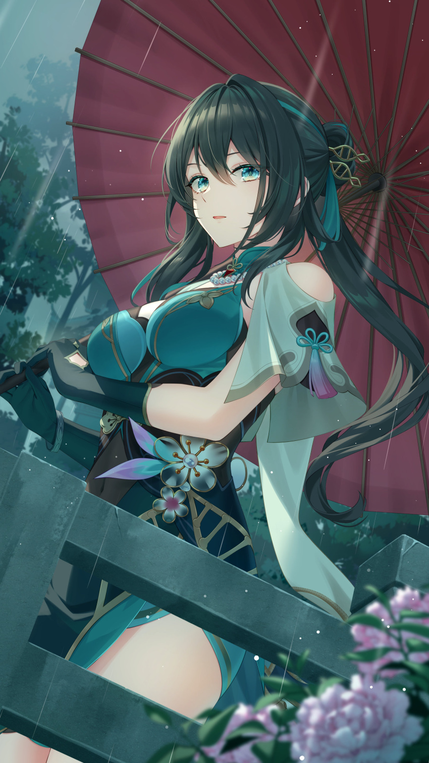 1girl absurdres aqua_eyes bare_shoulders black_hair breasts bshi_edayo chinese_clothes clothing_cutout covered_navel dress duplicate gloves green_dress green_gloves green_hair highres holding holding_umbrella honkai:_star_rail honkai_(series) jewelry long_hair looking_at_viewer medium_breasts multicolored_hair necklace outdoors parted_lips pixel-perfect_duplicate rain ruan_mei_(honkai:_star_rail) short_sleeves shoulder_cutout solo streaked_hair thighs umbrella