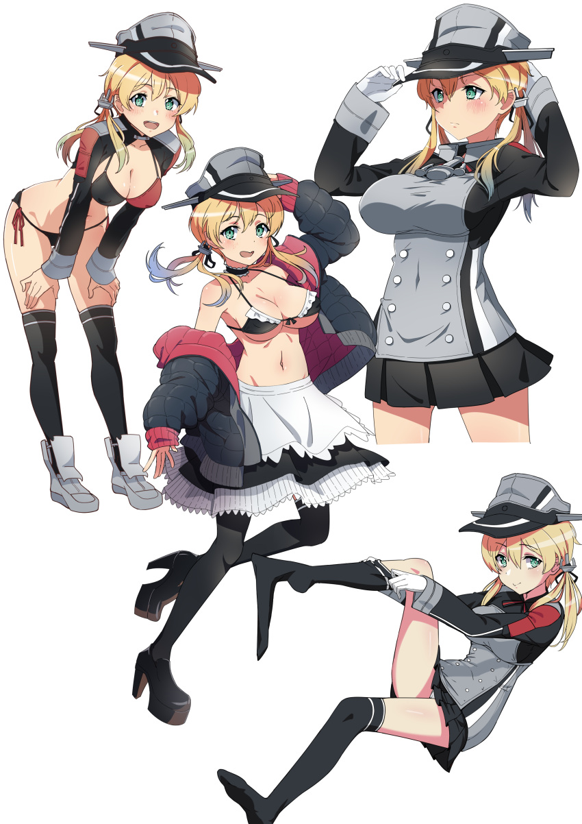 1girl absurdres anchor_hair_ornament bikini black_bikini black_skirt black_thighhighs blonde_hair breasts front-tie_bikini_top front-tie_top gloves green_eyes hair_ornament hat highres kantai_collection large_breasts liking long_hair long_sleeves low_twintails maid maid_bikini military_uniform miniskirt navel open_mouth panties peaked_cap pleated_skirt prinz_eugen_(kancolle) red_bikini shrug_(clothing) side-tie_bikini_bottom skirt swimsuit thighhighs twintails two-tone_bikini unconventional_maid underwear uniform white_gloves white_panties