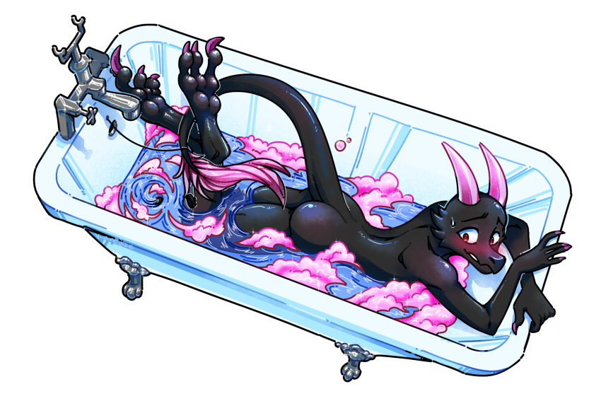 anthro bathing bathtub bigmoon206 bird's-eye_view black_body black_scales blush bubble butt claws feet female hi_res high-angle_view horn kobold looking_at_viewer lying on_front scales solo surprised_expression tail water