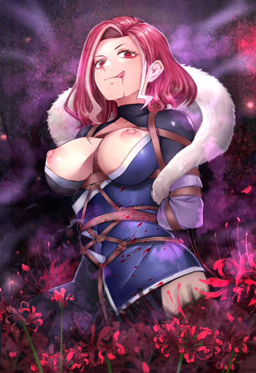 1girl blood blood_on_face breasts breasts_out character_request code:074 flower fur_shawl highres large_breasts licking_lips looking_at_viewer medium_hair multicolored_hair nipples pink_hair red_eyes scissor_seven shawl shibari solo spider_lily streaked_hair tongue tongue_out