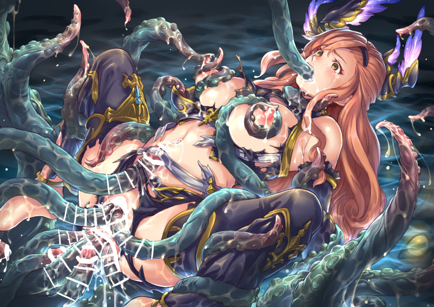 1girl anal bar_censor black_thighhighs bra breasts brown_eyes censored crying crying_with_eyes_open cum cum_on_body double_vaginal granblue_fantasy hairband highres kuragetakos large_breasts long_hair multiple_anal multiple_vaginal nipple_tweak nipples octopus orange_hair rape restrained solo stomach suction_cups tears tentacle_in_mouth tentacle_sex tentacles thighhighs torn_bra torn_clothes triple_anal tweyen_(granblue_fantasy) underwear vaginal water