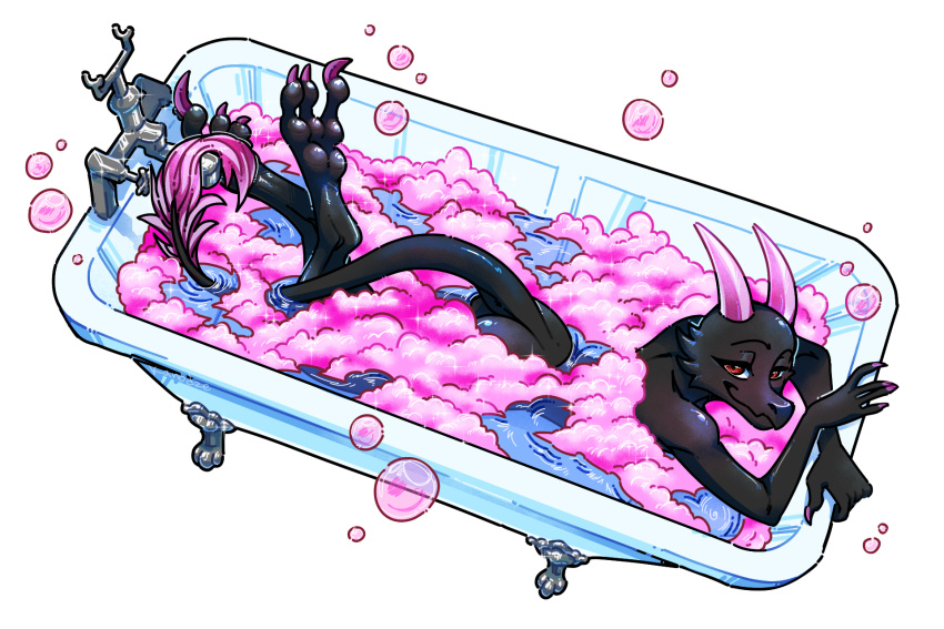anthro bathing bathtub bigmoon206 bird's-eye_view black_body black_scales bubble butt claws feet female half-closed_eyes hi_res high-angle_view horn kobold looking_at_viewer lying narrowed_eyes on_front scales smile solo tail water