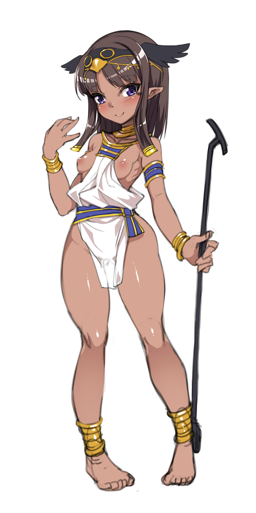 absurdres anklet armlet ass_visible_through_thighs bangs bare_shoulders barefoot black_hairband blush bracelet breasts brown_hair closed_mouth collarbone commentary_request dark_skin egyptian egyptian_clothes eyebrows_visible_through_hair full_body gold_trim hairband hand_up harigane_shinshi highres holding jewelry legs_apart looking_at_viewer medium_hair necklace nipples original pigeon-toed pointy_ears purple_eyes see-through see-through_silhouette shiny shiny_hair shiny_skin sidelocks simple_background sketch sleeveless small_breasts smile solo standing thick_thighs thighs white_background winged_hairband