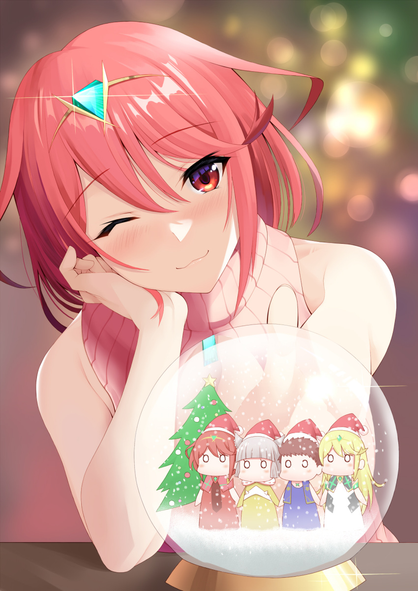 ;) alternate_costume bare_shoulders blush christmas christmas_tree core_crystal_(xenoblade) daive elbow_on_table hat highres looking_at_viewer mythra_(xenoblade) nia_(xenoblade) one_eye_closed pyra_(xenoblade) red_eyes red_hair rex_(xenoblade) ribbed_sweater santa_hat short_hair sleeveless sleeveless_sweater smile snow_globe sweater swept_bangs tiara turtleneck turtleneck_sweater xenoblade_chronicles_(series) xenoblade_chronicles_2