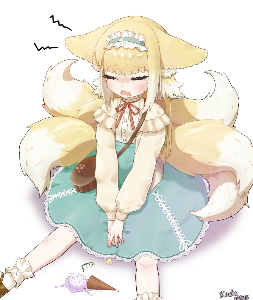 1girl absurdres animal_ears arknights artist_name blonde_hair blue_skirt blush cardigan crying flower food fox_ears fox_girl fox_tail frilled_hairband frills hairband high-waist_skirt highres ice_cream ice_cream_cone ice_cream_cone_spill kitsune kushaaaa4 lily_of_the_valley long_hair long_sleeves multiple_tails name_connection neck_ribbon official_alternate_costume open_cardigan open_clothes open_mouth red_ribbon ribbon shirt simple_background sitting skirt solo suzuran_(arknights) suzuran_(spring_praise)_(arknights) tail tears white_background white_shirt yellow_cardigan