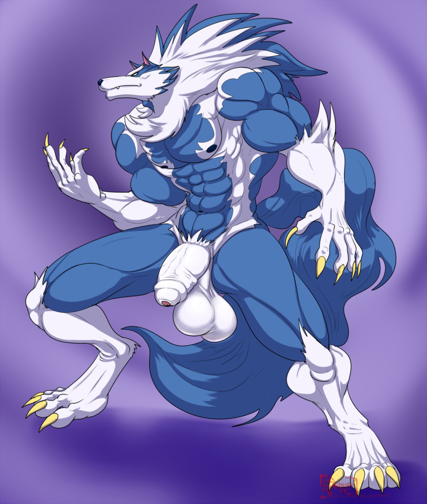 2018 4_toes 5_fingers abs anthro balls biceps big_balls blue_background blue_fur blue_hair blue_nose blue_skin canine darkstalkers digitigrade fur gloves_(marking) hair half-erect humanoid_penis hungothenomster jon_talbain looking_aside male mammal mane markings multicolored_fur multicolored_hair multicolored_skin muscular muscular_male muscular_thighs nipples nude penis penis_tip pubes simple_background socks_(marking) solo standing thick_penis toes two_tone_fur two_tone_hair two_tone_skin uncut video_games were werewolf white_fur white_hair white_penis white_skin wolf