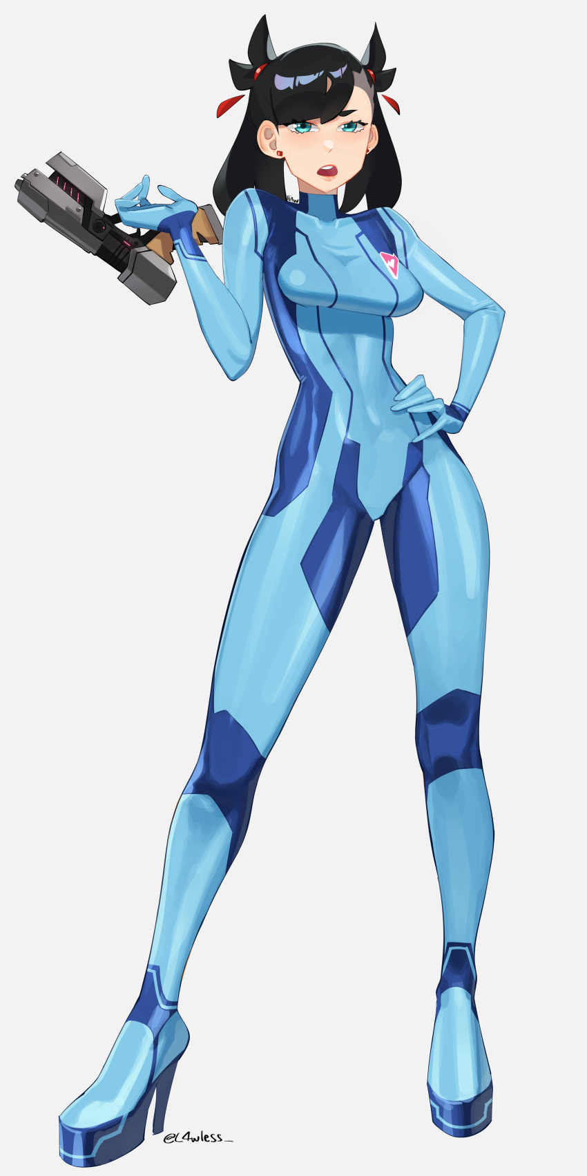 1girl absurdres aqua_eyes asymmetrical_bangs black_hair blue_bodysuit bodysuit breasts cosplay covered_navel full_body grey_background gun hand_on_own_hip hand_up handgun high_heels highres holding holding_gun holding_weapon impossible_bodysuit impossible_clothes l4wless legs looking_at_viewer marnie_(pokemon) medium_breasts medium_hair metroid open_mouth pokemon pokemon_swsh samus_aran samus_aran_(cosplay) shadow simple_background solo teeth twintails twitter_username two_side_up upper_teeth_only weapon zero_suit