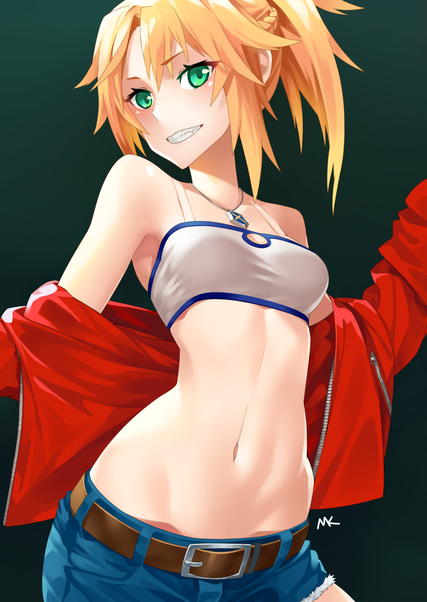 absurdres bandeau bare_shoulders belt blonde_hair blue_shorts bra braid breasts cleavage collarbone cutoffs denim denim_shorts eyebrows_visible_through_hair fate/apocrypha fate_(series) french_braid green_background green_eyes grin hair_between_eyes high_ponytail highres jacket jewelry long_hair looking_at_viewer medium_breasts midriff mk_(lazymk) mordred_(fate) mordred_(fate)_(all) navel necklace open_clothes open_jacket red_jacket short_shorts shorts sidelocks simple_background smile solo standing stomach torn_clothes torn_shorts underwear white_bra