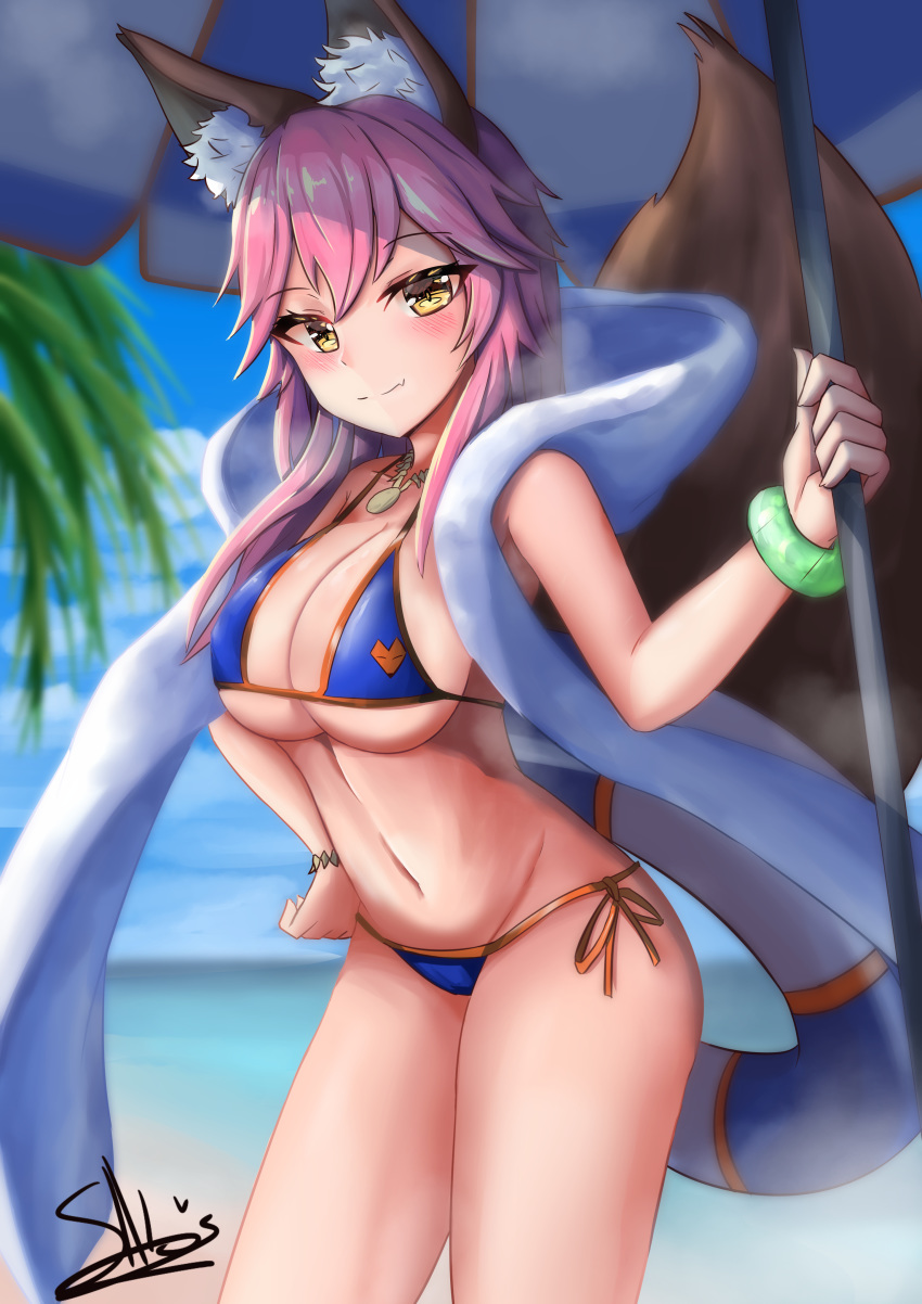 absurdres animal_ear_fluff animal_ears beach_umbrella bell bell_collar bikini blue_bikini blush breasts cleavage collar collarbone day fang fate/grand_order fate_(series) fox_ears fox_tail groin hand_on_hip highres ichikawayan large_breasts looking_at_viewer navel ocean outdoors parasol pink_hair side-tie_bikini solo swimsuit tail tamamo_(fate)_(all) tamamo_no_mae_(swimsuit_lancer)_(fate) umbrella yellow_eyes