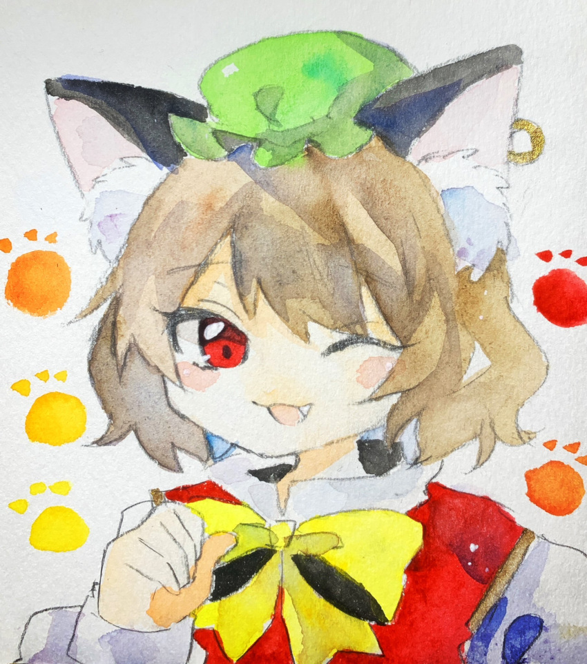 1girl ;d animal_ear_fluff animal_ear_piercing animal_ears blush bow bowtie brown_hair cat_ears chen commentary_request earrings fang gold_trim green_headwear hand_up happy hat highres jewelry key747h looking_at_viewer mob_cap one_eye_closed paw_pose red_eyes red_vest short_hair simple_background single_earring smile solo touhou vest white_background yellow_bow yellow_bowtie