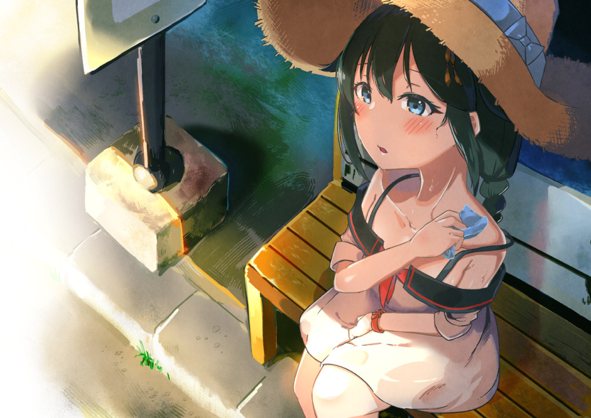 ahoge alternate_costume bangs bench between_legs black_hair blue_eyes blush braid bus_stop casual collarbone commentary_request day dress eyebrows_visible_through_hair from_above hair_flaps hair_ornament hand_between_legs hat hot kantai_collection koppa_mijinko_(series2023) long_hair looking_afar off_shoulder open_mouth outdoors remodel_(kantai_collection) ribbon shade shigure_(kantai_collection) sidelocks single_braid sitting solo sun_hat sweat watch wiping_sweat