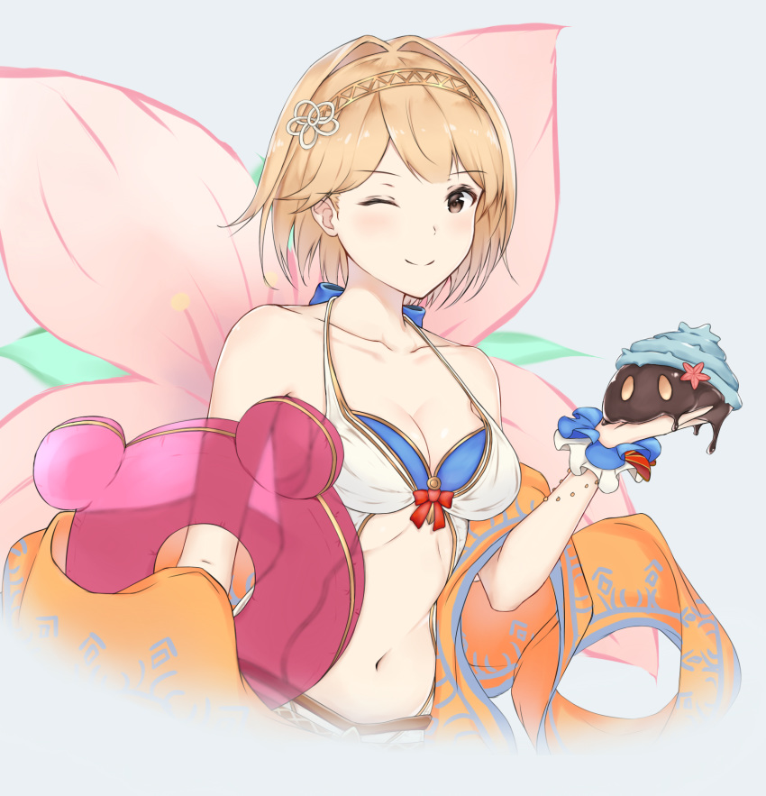 ;) adore_(adoredesu) bikini_top blonde_hair blue_ribbon bracelet breasts brown_eyes cleavage collarbone djeeta_(granblue_fantasy) granblue_fantasy grey_background hairband highres holding jewelry looking_at_viewer medium_breasts navel one_eye_closed ribbon short_hair smile solo transparent upper_body wrist_cuffs