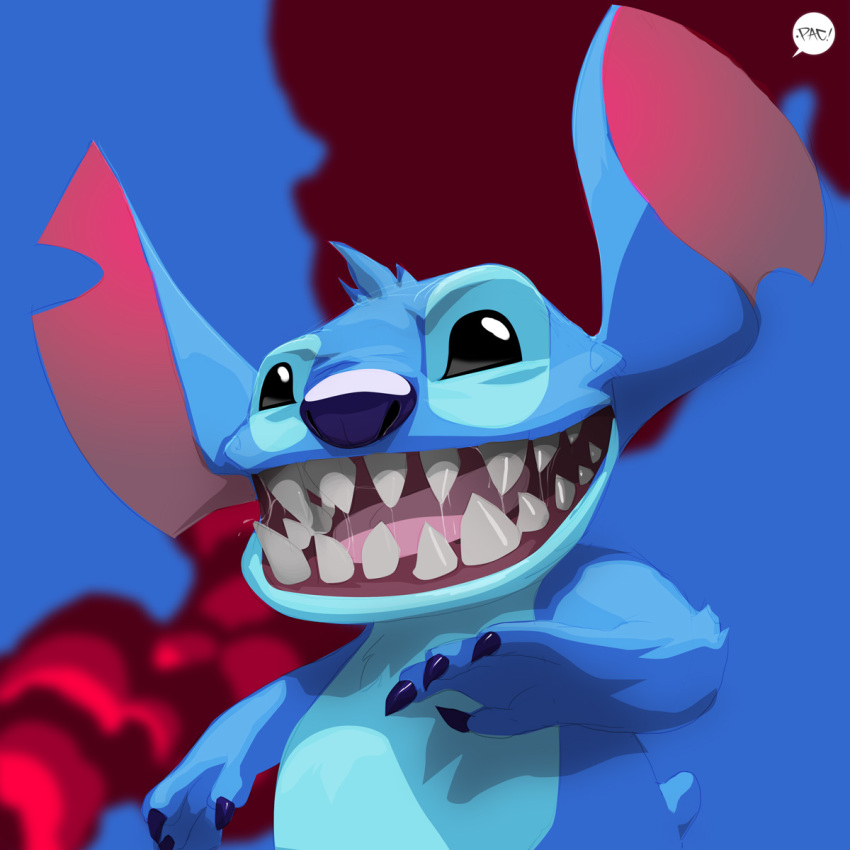 2014 4_fingers abstract_background alien alternate_form black_eyes blue_claws blue_fur blue_nose chest_tuft claws digital_drawing_(artwork) digital_media_(artwork) disney experiment_(species) fur head_tuft hi_res lilo_and_stitch notched_ear open_mouth open_smile pacman23 saliva sharp_teeth small_tail smile solo stitch teeth tuft