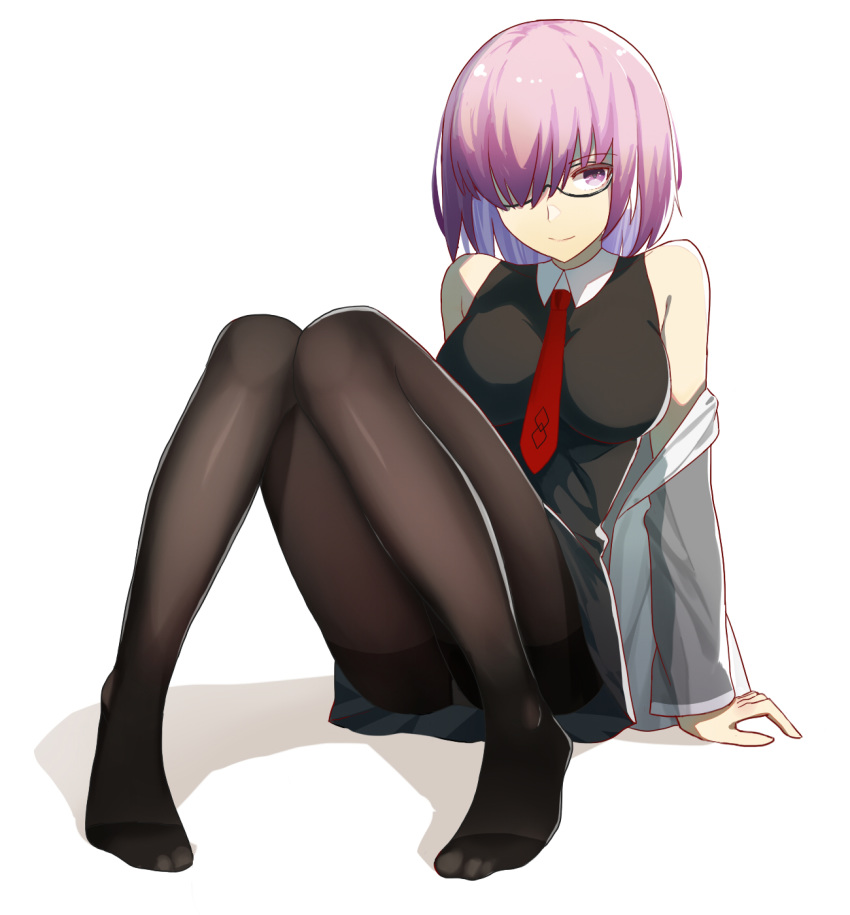 arm_support black-framed_eyewear black_dress black_legwear commentary dress fate/grand_order fate_(series) full_body glasses grey_jacket hair_over_one_eye highres jacket looking_at_viewer mash_kyrielight necktie no_shoes open_clothes open_jacket panties panties_under_pantyhose pantyhose purple_eyes purple_hair red_neckwear semi-rimless_eyewear short_dress short_hair simple_background sitting sleeveless sleeveless_dress smile solo toe_seam under-rim_eyewear underwear vic white_background