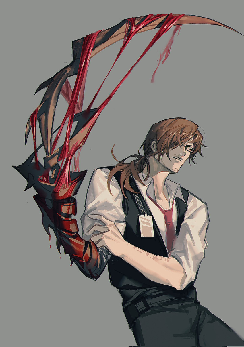 1boy arm_up arthropod_limbs black_pants black_vest blood brown_hair collared_shirt cowboy_shot flesh glasses gregor_(project_moon) grey_background highres id_card jing84672940 limbus_company long_sleeves low_ponytail necktie pants project_moon red_necktie shirt simple_background solo vest white_shirt