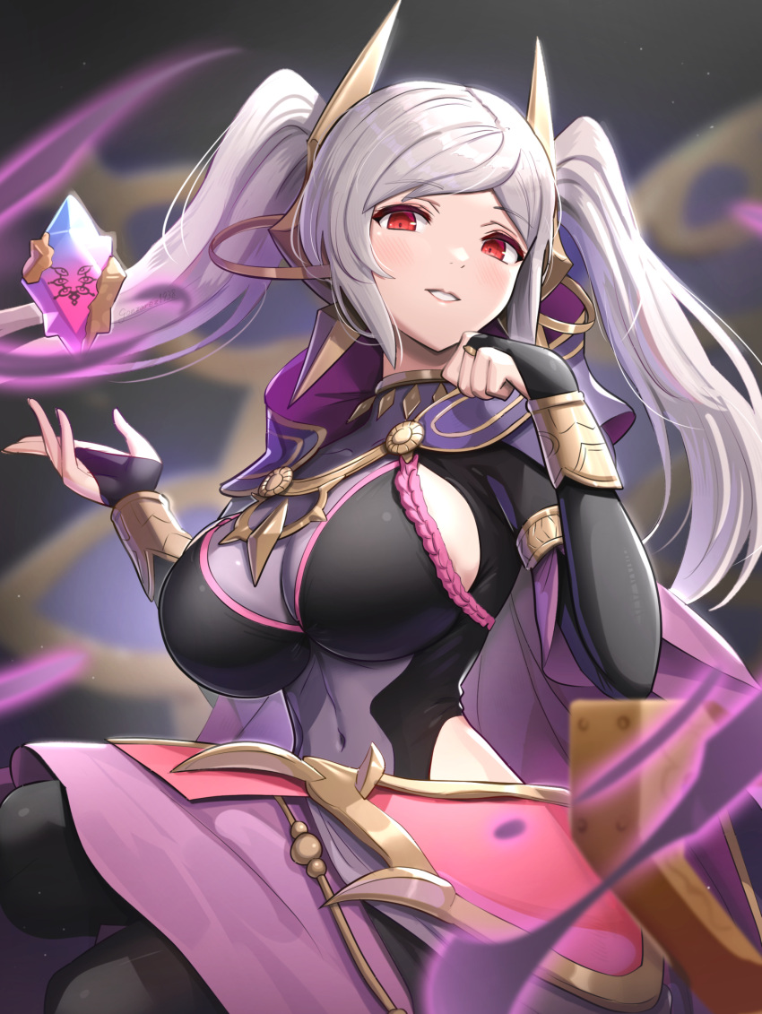 1girl absurdres bodystocking breasts bridal_gauntlets cape cleavage commentary_request covered_navel fire_emblem fire_emblem_awakening fire_emblem_heroes gonzarez grey_hair grima_(fire_emblem) grin highres large_breasts long_hair looking_at_viewer official_alternate_costume parted_lips purple_cape red_eyes robin_(female)_(fell_tactician)_(fire_emblem) robin_(female)_(fire_emblem) robin_(fire_emblem) see-through see-through_cleavage sideboob sitting smile solo twintails