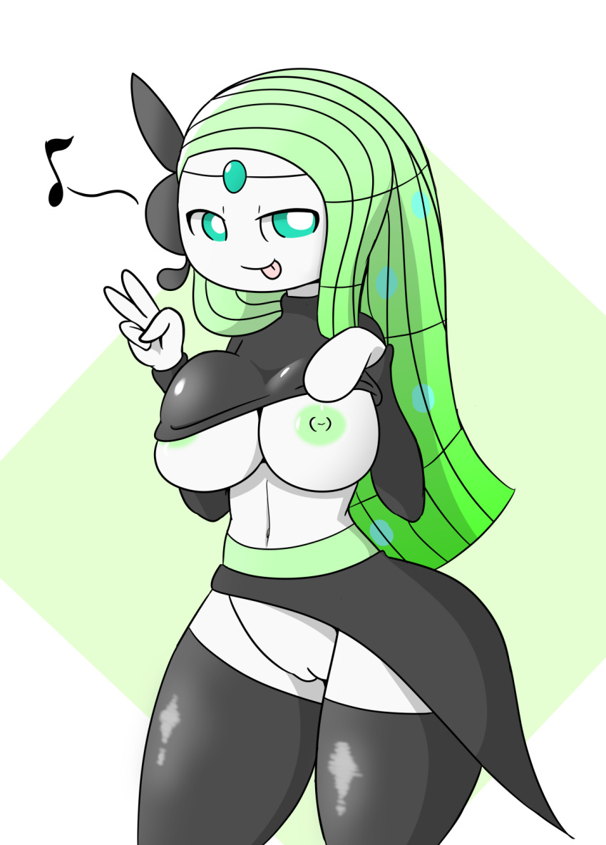 big_breasts breasts cloth clothed clothing female front_view humanoid legendary_pok&eacute;mon meloetta meloetta_(aria_form) nintendo nipples not_furry partially_clothed pok&eacute;mon pok&eacute;mon_(species) pok&eacute;morph pussy simple_background solo standing tongue tongue_out tonytoran vaginal video_games