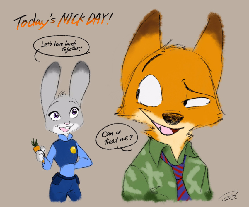 2017 anthro buckteeth canine childrens_cartoon clothed clothing dialogue dipstick_ears disney drapzootopia duo english_text female fox fully_clothed fur green_eyes grey_background hawaiian_shirt holding_object judy_hopps lagomorph looking_back male mammal necktie nick_wilde open_mouth open_smile police_uniform purple_eyes rabbit shirt simple_background smile teeth text uniform zootopia