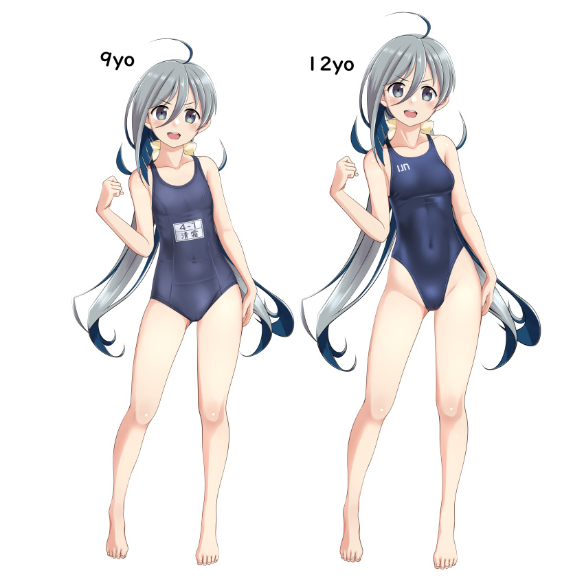 absurdres ahoge bare_shoulders barefoot blue_one-piece_swimsuit breasts collarbone commentary_request comparison competition_swimsuit covered_navel dual_persona flat_chest full_body grey_eyes grey_hair groin hair_between_eyes hair_ribbon highleg highleg_swimsuit highres kantai_collection kiyoshimo_(kancolle) kiyoshimo_kai_ni_(kancolle) long_hair looking_at_viewer low_twintails name_tag new_school_swimsuit one-piece_swimsuit open_mouth ribbon round_teeth school_swimsuit small_breasts swimsuit takafumi teeth twintails upper_teeth_only v-shaped_eyebrows variant_set very_long_hair