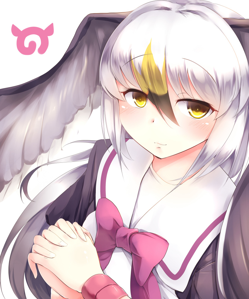 absurdres black-tailed_gull_(kemono_friends) black_hair blonde_hair bow bowtie closed_mouth eyebrows_visible_through_hair eyes_visible_through_hair hair_between_eyes head_wings highres interlocked_fingers japari_symbol kanzakietc kemono_friends light_smile long_hair looking_at_viewer multicolored_hair pink_bow sailor_collar silver_hair simple_background solo upper_body white_background wristband yellow_eyes