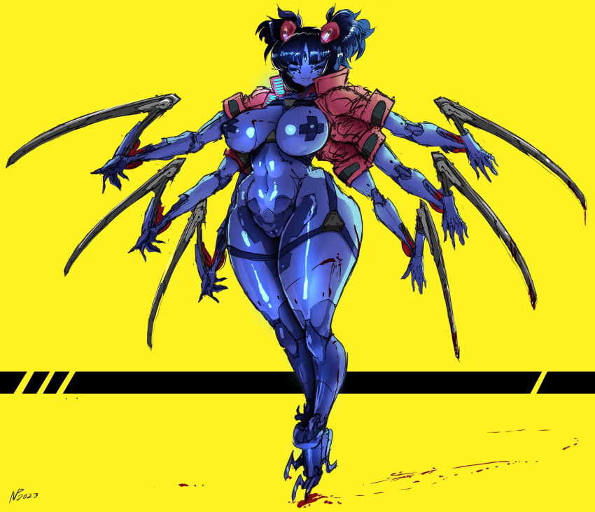 2023 5_eyes 6_arms absurd_res arachnid arthropod black_hair blood blood_on_ground bodily_fluids breasts clothing cyberpunk_2077 female gausscannon genitals hair hi_res jacket machine muffet multi_arm multi_eye multi_limb nipple_tape pasties purple_body pussy robot solo spider standing tape topwear undertale undertale_(series)