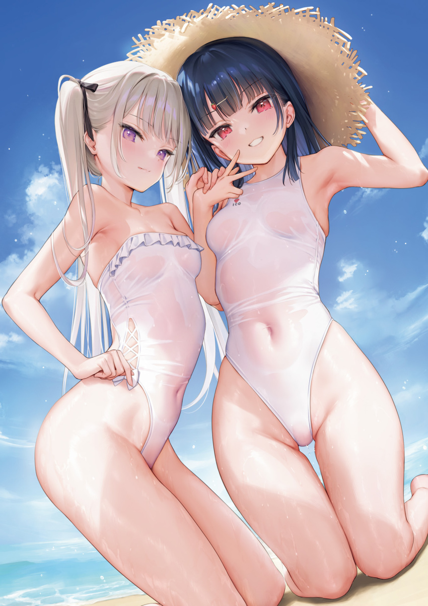 2girls bare_shoulders black_hair blue_sky breasts day frills hat highleg highleg_swimsuit highres long_hair looking_at_viewer mignon multiple_girls ocean one-piece_swimsuit original outdoors parted_lips purple_eyes red_eyes simple_background sky smile straw_hat swimsuit thighs twintails water white_hair white_swimsuit