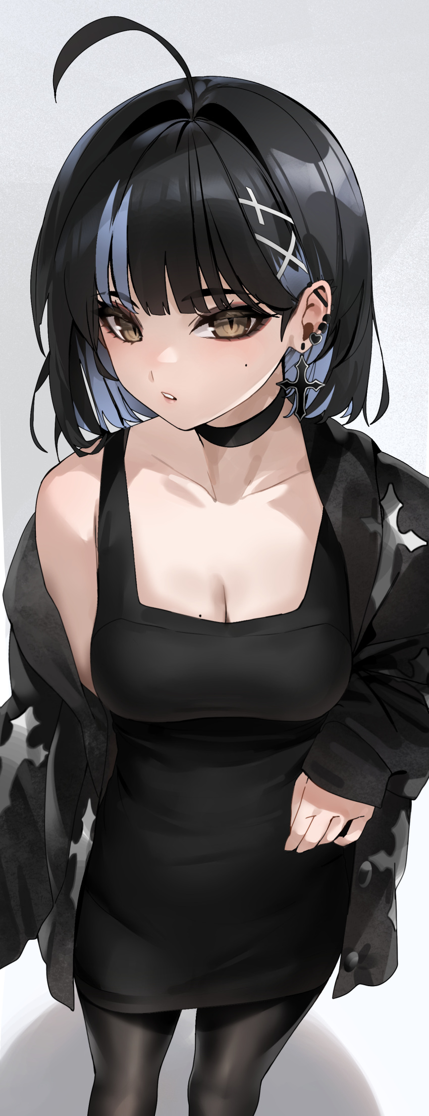 1girl absurdres black_choker black_dress black_hair black_jacket black_pantyhose blue_hair breasts brown_eyes choker cleavage commentary cross cross_earrings dress earrings english_commentary hair_ornament highres irene_(kanniiepan) jacket jewelry kanniiepan large_breasts looking_at_viewer mole mole_on_breast multicolored_hair open_clothes open_jacket original pantyhose parted_lips short_hair single_earring sleeveless sleeveless_dress solo standing two-tone_hair x_hair_ornament