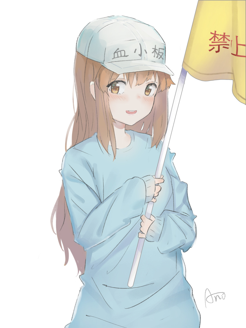 :d ano54 bangs blue_shirt blush brown_eyes brown_hair commentary eyebrows_visible_through_hair flag flat_cap hair_between_eyes hat hataraku_saibou highres holding holding_flag long_hair long_sleeves looking_at_viewer open_mouth platelet_(hataraku_saibou) round_teeth shirt signature simple_background sleeves_past_wrists smile solo teeth translation_request upper_teeth very_long_hair white_background white_hat