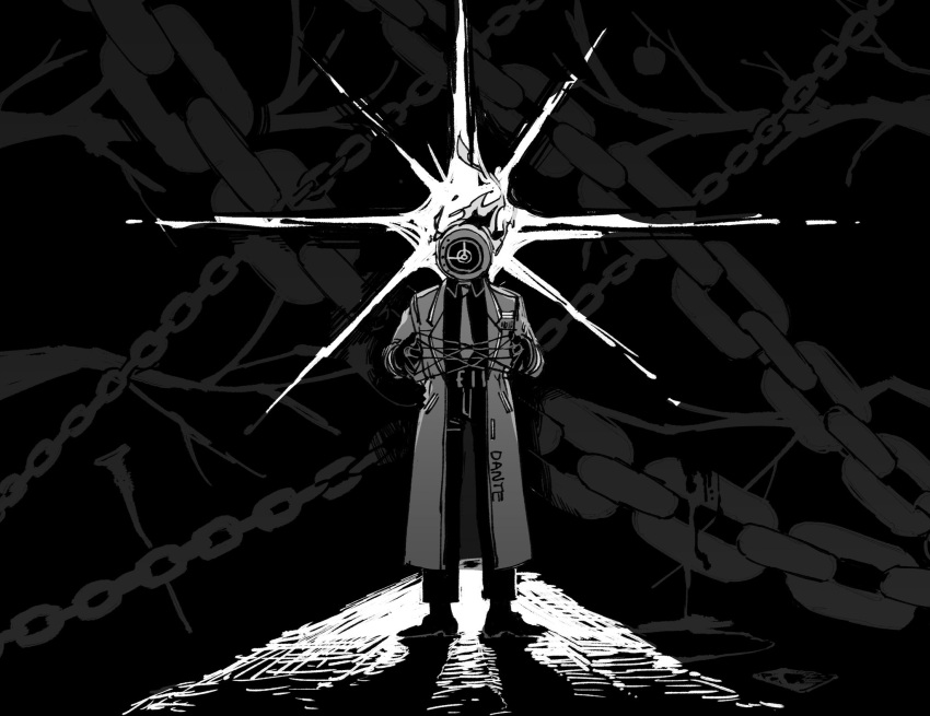 1other belt cat's_cradle chain clock coat collared_shirt dante_(limbus_company) fire full_body gloves greyscale highres limbus_company maskv monochrome necktie object_head pants project_moon shirt shoes solo standing star_(sky)