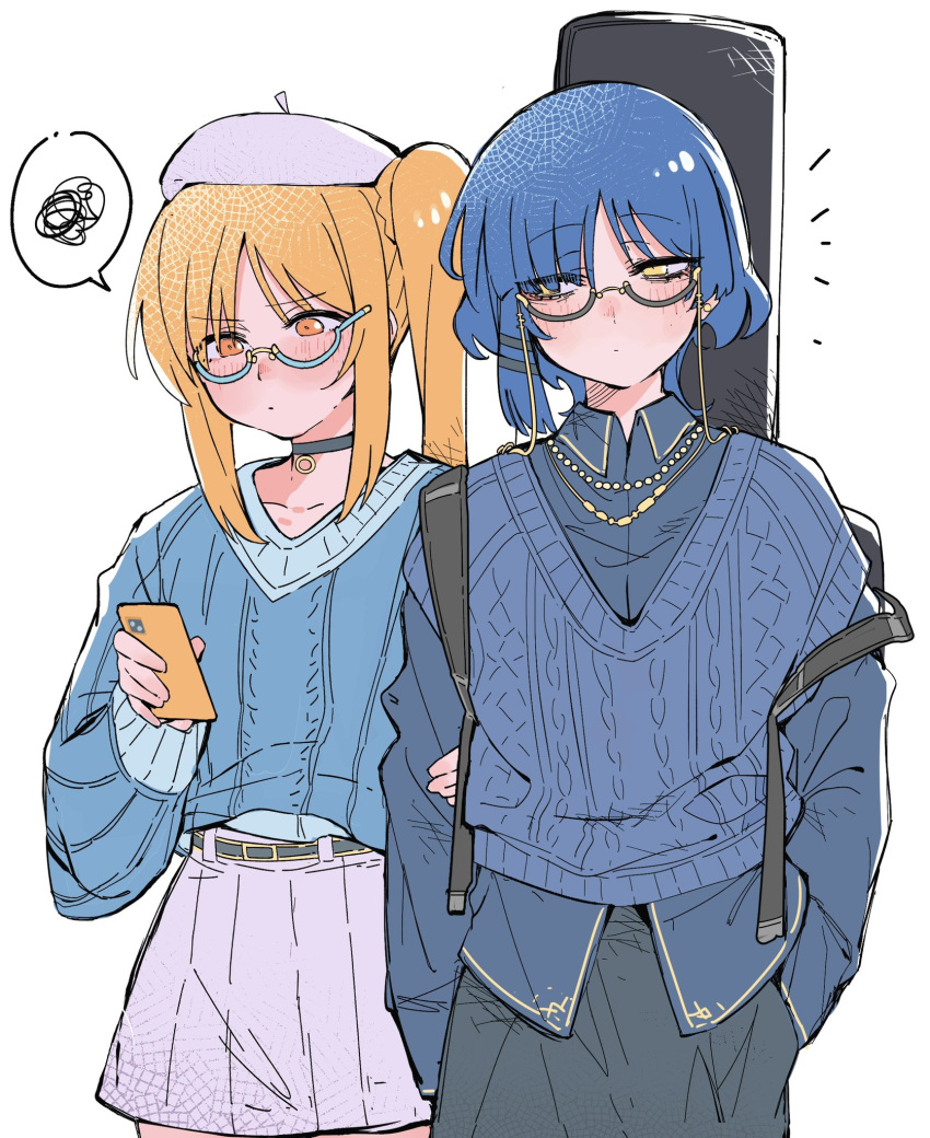 2girls belt beret blonde_hair blue_hair blue_shirt blue_sweater blush bocchi_the_rock! cellphone chinese_commentary choker closed_mouth collarbone collared_shirt commentary_request glasses gold_necklace grey_belt grey_choker grey_skirt guitar_case hair_between_eyes hair_ornament hairclip hand_in_pocket hand_up hat highres holding holding_phone ijichi_nijika instrument_case jewelry kakult2017 long_hair long_sleeves looking_at_another looking_at_phone mole mole_under_eye multiple_girls necklace orange_eyes phone pink_skirt pocket ponytail puffy_long_sleeves puffy_sleeves purple_headwear semi-rimless_eyewear shirt short_hair side_ponytail sidelocks simple_background skirt smartphone speech_bubble standing sweater v-shaped_eyebrows white_background yamada_ryo yellow_eyes