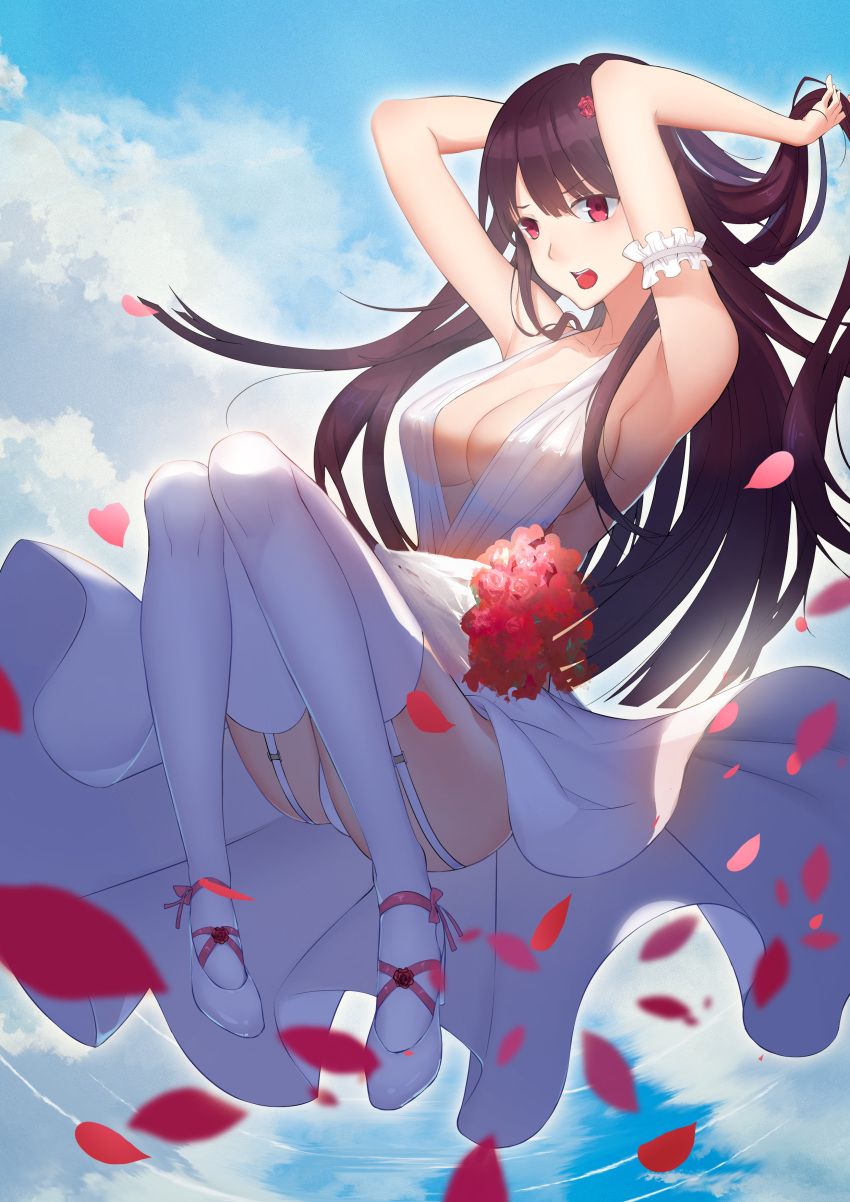 absurdres arm_garter armpits arms_up ass baliu bangs blue_sky blush bouquet breasts bride cleavage cloud collarbone commentary_request day dress eyebrows_visible_through_hair floating floating_hair flower garter_straps girls_frontline hair_flower hair_ornament hair_ribbon half_updo hand_in_hair highres large_breasts long_hair looking_at_viewer md5_mismatch no_bra one_side_up open_mouth outdoors panties petals pumps purple_hair red_eyes ribbon sideboob sidelocks sky solo thighhighs thighs underwear very_long_hair wa2000_(girls_frontline) wedding_dress white_dress white_footwear white_legwear white_panties wind wind_lift