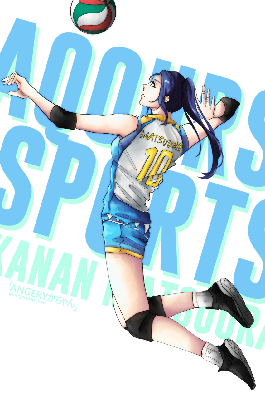 absurdres angerykacchan artist_name background_text black_footwear black_hair blue_eyes commentary_request elbow_pads english finger_wrap highres jumping knee_pads love_live! love_live!_sunshine!! matsuura_kanan shoes spiking sportswear twitter_username volleyball volleyball_uniform white_background white_legwear