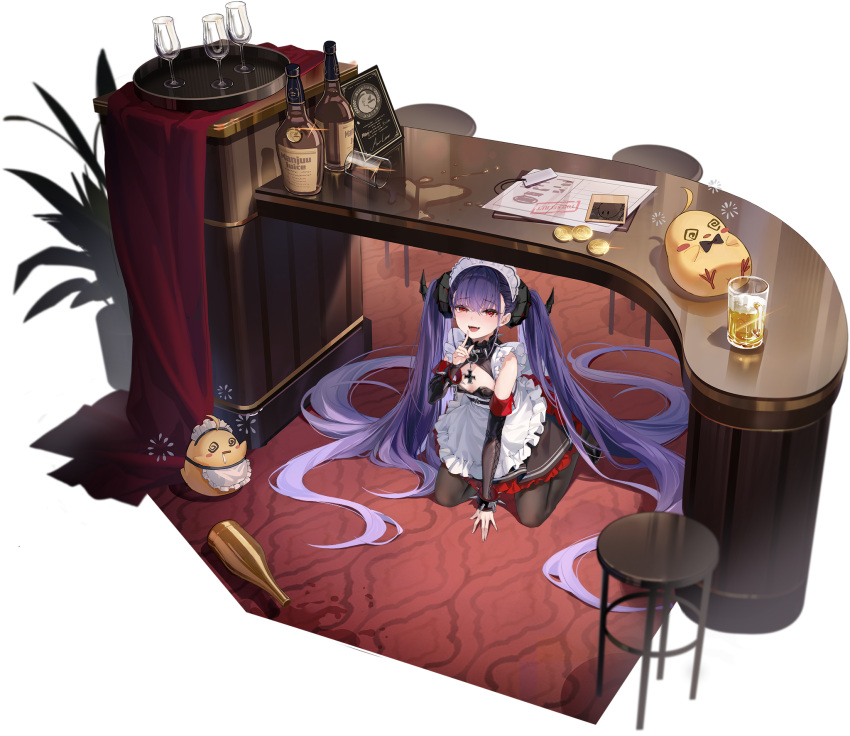 1girl absurdly_long_hair alcohol alternate_costume apron arm_support azur_lane bar_(place) bare_shoulders beer beer_mug bird black_dress black_footwear black_horns black_pantyhose black_sleeves blush bottle bracelet breasts center_opening chain cleavage cleavage_cutout clothing_cutout coin collar cross cuffs cup demon_girl demon_horns detached_sleeves dress drinking_glass drunk enmaided fangs felix_schultz_(azur_lane) felix_schultz_(sweet_sleepy_"revenge")_(azur_lane) finger_to_mouth floor frilled_apron frilled_dress frills from_above full_body hair_between_eyes highres horns index_finger_raised indoors iron_blood_(emblem) iron_cross jewelry kneeling long_hair long_sleeves looking_at_viewer maid maid_apron maid_headdress manjuu_(azur_lane) menu mesugaki mug ng_jie non-web_source official_alternate_costume official_art open_mouth pantyhose paperwork photo_(object) plant potted_plant presenting purple_hair red_eyes sexually_suggestive sleeveless sleeveless_dress small_breasts smile solo spiked_bracelet spiked_collar spikes spill stool table teeth tray twintails under_table very_long_hair waist_apron whiskey white_apron wine_bottle wine_glass