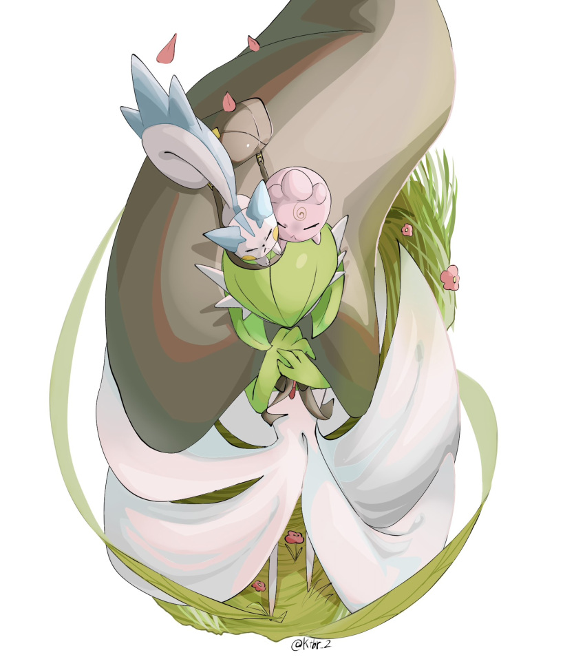 animal_focus artist_name closed_eyes colored_skin commentary_request falling_petals from_above gardevoir green_hair highres igglybuff ktbr_2 no_humans own_hands_together pachirisu petals pink_skin pokemon pokemon_(creature) tail twitter_username walking white_skin