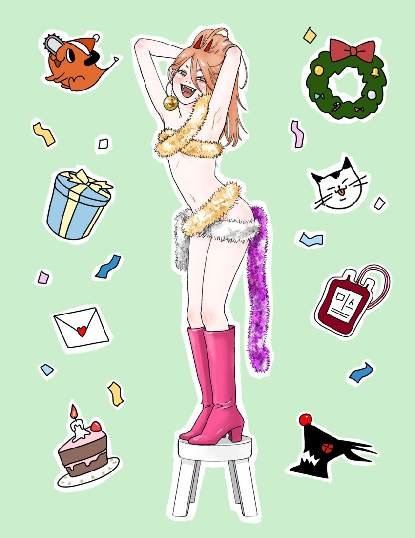 1girl arms_behind_head blood blood_bag blood_devil_(chainsaw_man) boots cake candle cat chainsaw_man christmas_ornaments christmas_wreath commentary_request confetti fangs flat_chest food full_body gift hands_in_hair heureoreo high_heel_boots high_heels highres horns knee_boots korean_commentary meowy_(chainsaw_man) open_mouth orange_hair pink_eyes pochita_(chainsaw_man) power_(chainsaw_man) red_horns smile solo stool wreath