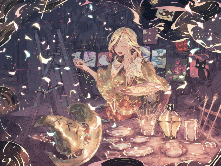 blonde_hair braid canvas_(object) caro_(granblue_fantasy) closed_eyes granblue_fantasy hat hat_removed headwear_removed highres long_hair male_focus open_mouth otoko_no_ko paintbrush painting palette smile solo tabunsuana witch_hat