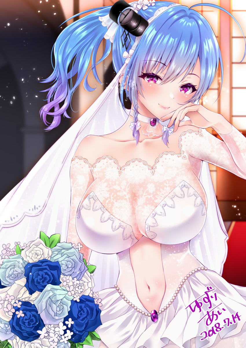 absurdres ahoge alternate_costume amethyst azur_lane bangs bare_shoulders blue_hair blurry blurry_background blush bouquet breasts bridal_veil bride choker church cleavage collarbone commentary dated day dress eyebrows_visible_through_hair flower gloves hair_between_eyes hair_ornament hair_ribbon hand_on_own_face head_tilt highres holding holding_bouquet indoors large_breasts light_particles long_hair looking_at_viewer navel navel_cutout purple_eyes ribbon side_braids sidelocks signature smile solo st._louis_(azur_lane) stomach veil wedding_dress white_dress white_gloves window yuzuri_ai