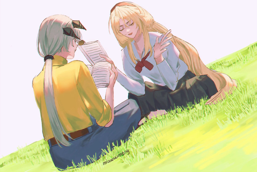 2girls animal_ears arknights black_pants black_skirt blonde_hair blue_pants book closed_eyes dog_ears dog_girl dog_tail dutch_angle floppy_ears grass hairband highres holding holding_book kristen_(arknights) laurene_(miawwmeng) long_hair multiple_girls neckerchief open_book open_mouth pants ponytail reading red_hairband red_neckerchief saria_(arknights) shirt sitting skirt tail very_long_hair white_shirt yellow_shirt