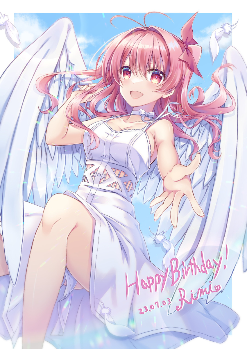 1girl :d absurdres antenna_hair bare_arms border bow breasts chaos;head choker cleavage collarbone dated dress_shirt feathered_wings floating_hair hair_between_eyes hair_bow hair_intakes happy_birthday highres long_hair looking_at_viewer medium_breasts medium_skirt nishijou_myu open_mouth pink_bow pink_hair reaching reaching_towards_viewer red_eyes ribbon ribbon_choker sakihata_rimi shirt skirt sleeveless sleeveless_shirt smile solo white_border white_ribbon white_shirt white_skirt white_wings wings