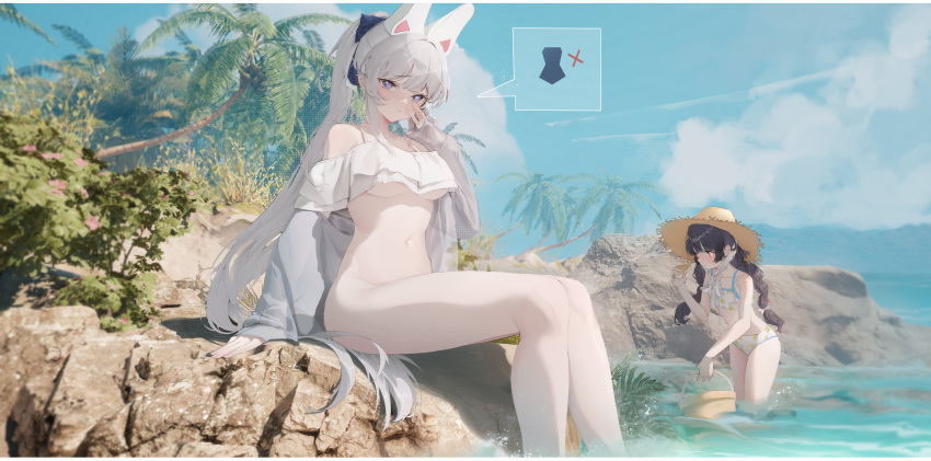 2girls absurdres animal_ears arm_support bikini black_hair blue_archive blush braid breasts closed_mouth day dingding_(chongsangjun) fake_animal_ears grey_hair grey_jacket hat highres jacket leaf_print long_hair long_sleeves looking_at_viewer miyako_(blue_archive) miyako_(swimsuit)_(blue_archive) miyu_(blue_archive) miyu_(swimsuit)_(blue_archive) multiple_girls no_halo ocean official_alternate_costume open_clothes open_jacket outdoors ponytail print_bikini purple_eyes rabbit_ears red_eyes sitting small_breasts straw_hat swimsuit twin_braids underboob water white_bikini