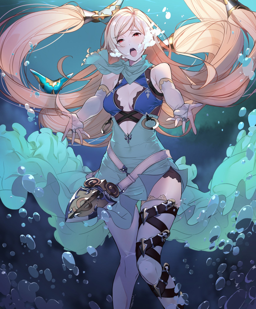 air_bubble belt blonde_hair bridal_gauntlets bubble commentary_request dress ejaeli_(granblue_fantasy) granblue_fantasy highres kagetomo_midori long_hair looking_at_viewer open_mouth outstretched_arms solo thighhighs underwater very_long_hair