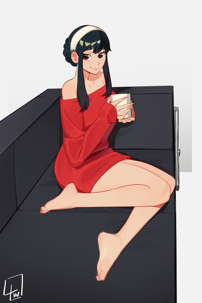 1girl absurdres ass bare_shoulders barefoot black_hair breasts censored_feet closed_mouth collarbone commentary couch cup dangle_earrings earrings eyelashes feet full_body grey_background hairband hand_up highres holding holding_cup jewelry knees_together_feet_apart l4wless large_breasts legs long_sleeves looking_at_viewer no_pants off-shoulder_sweater off_shoulder on_couch red_eyes red_sweater short_hair_with_long_locks sidelocks signature simple_background sitting smile soles solo spy_x_family sweater toes underwear white_hairband yor_briar