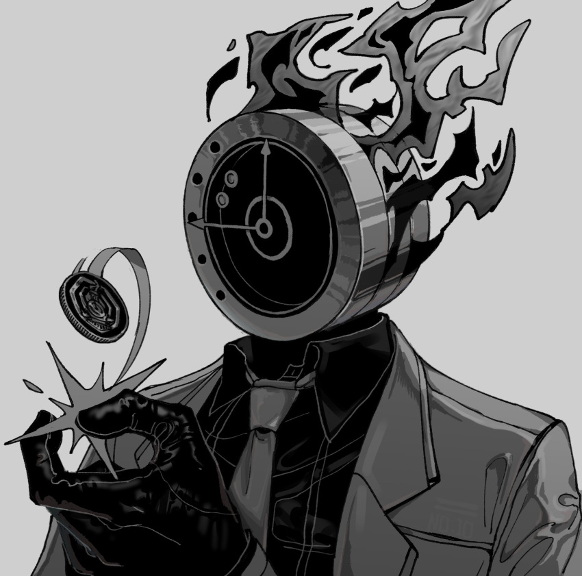 1other clock coat coin coin_flip collared_shirt dante_(limbus_company) fire greyscale hand_up highres limbus_company long_sleeves maskv monochrome necktie object_head project_moon shirt simple_background solo wing_collar