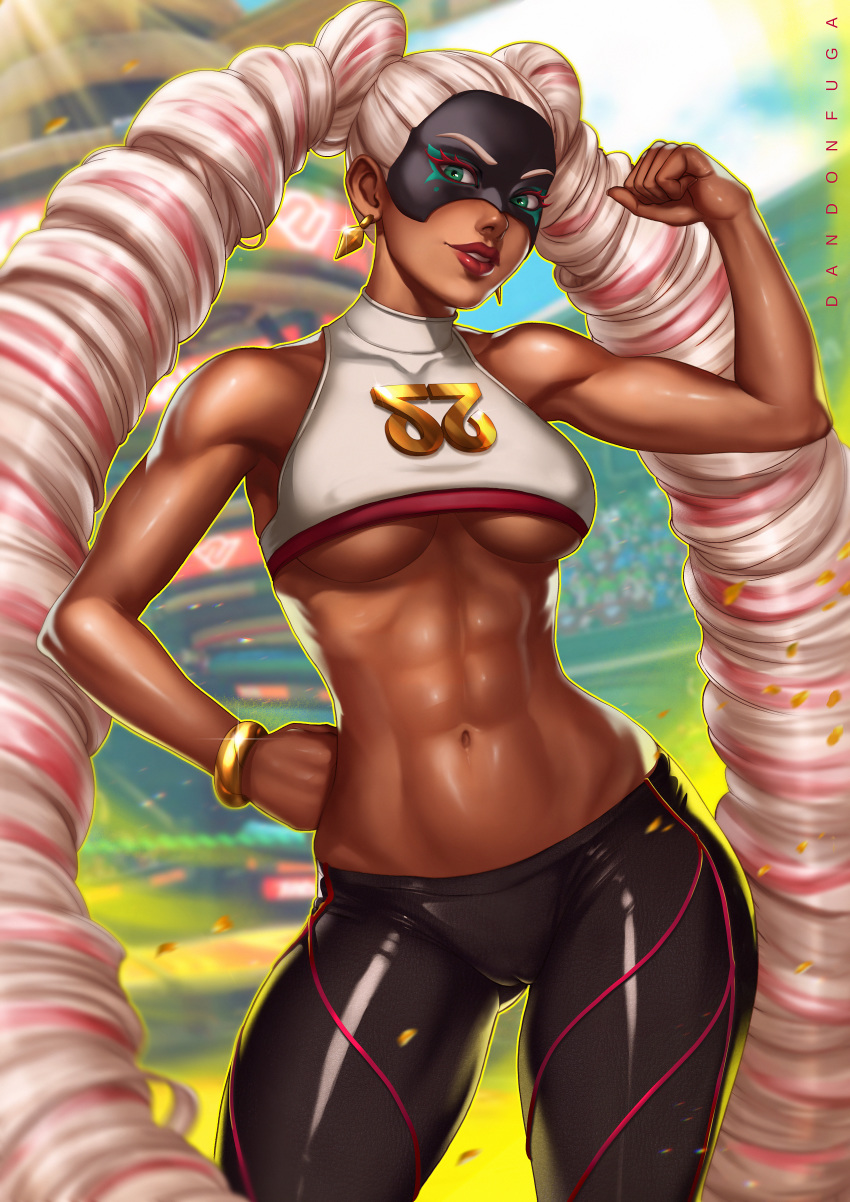 absurdres arm_up arms_(game) artist_name blurry blurry_background bracelet breasts cameltoe clenched_hand covered_nipples dandon_fuga dark_skin drill_hair earrings green_eyes hand_on_hip highres jewelry large_breasts lips lipstick long_hair looking_at_viewer makeup mask midriff multicolored_hair muscle navel paid_reward pants parted_lips patreon_reward pink_hair shiny shiny_clothes shiny_skin sleeveless solo thighs twin_drills twintelle_(arms) underboob very_long_hair white_hair