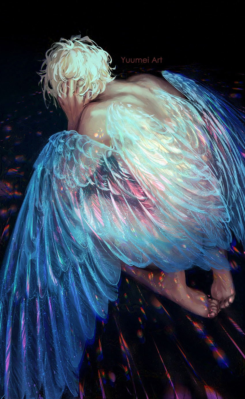1boy artist_name bare_arms bare_back barefoot black_background blonde_hair blue_wings commentary completely_nude english_commentary feathered_wings from_behind full_body hand_on_own_head highres male_focus nude original short_hair simple_background solo toes transparent_wings wings yuumei