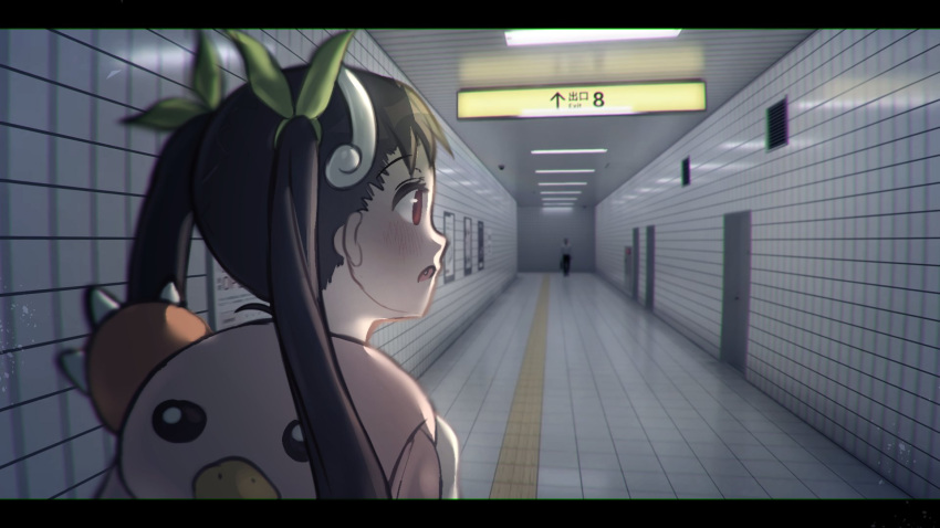 1boy 1girl backpack bag black_hair blurry blush commentary depth_of_field english_commentary exit_sign eyelashes fang hachikuji_mayoi hairband hallway highres letterboxed long_hair looking_at_another monogatari_(series) open_mouth otaichiichi pink_bag red_eyes shadow the_exit_8 twintails upper_body white_hairband