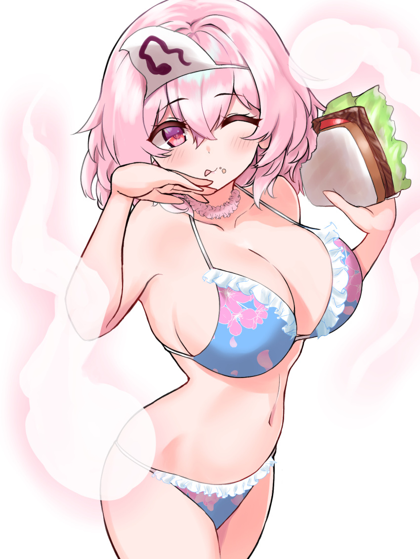 1girl ;q bikini blue_bikini breasts cherry_blossom_print cleavage floral_print food food_on_face ghost highres holding holding_food horounendo large_breasts navel one_eye_closed pink_hair saigyouji_yuyuko sandwich short_hair simple_background solo swimsuit tongue tongue_out touhou triangular_headpiece white_background