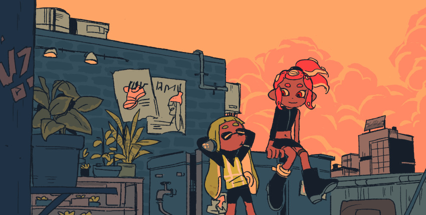 arms_behind_head asymmetrical_clothes beanie cloud cloudy_sky dark_skin domino_mask eyelashes green_hair hat headphones highres inkling looking_at_another mask midriff multiple_girls navel octarian octoling pink_hair plant poster red_eyes sitting sky slimyhipster splatoon_(series) splatoon_2 splatoon_2:_octo_expansion squidbeak_splatoon sunset tentacle_hair